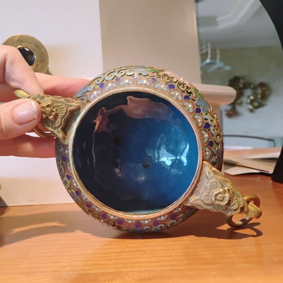 Vtg Large Chinese Cloisonné Brass Incense Burner Wood Stand Champleve Enamel - Picture 9 of 16